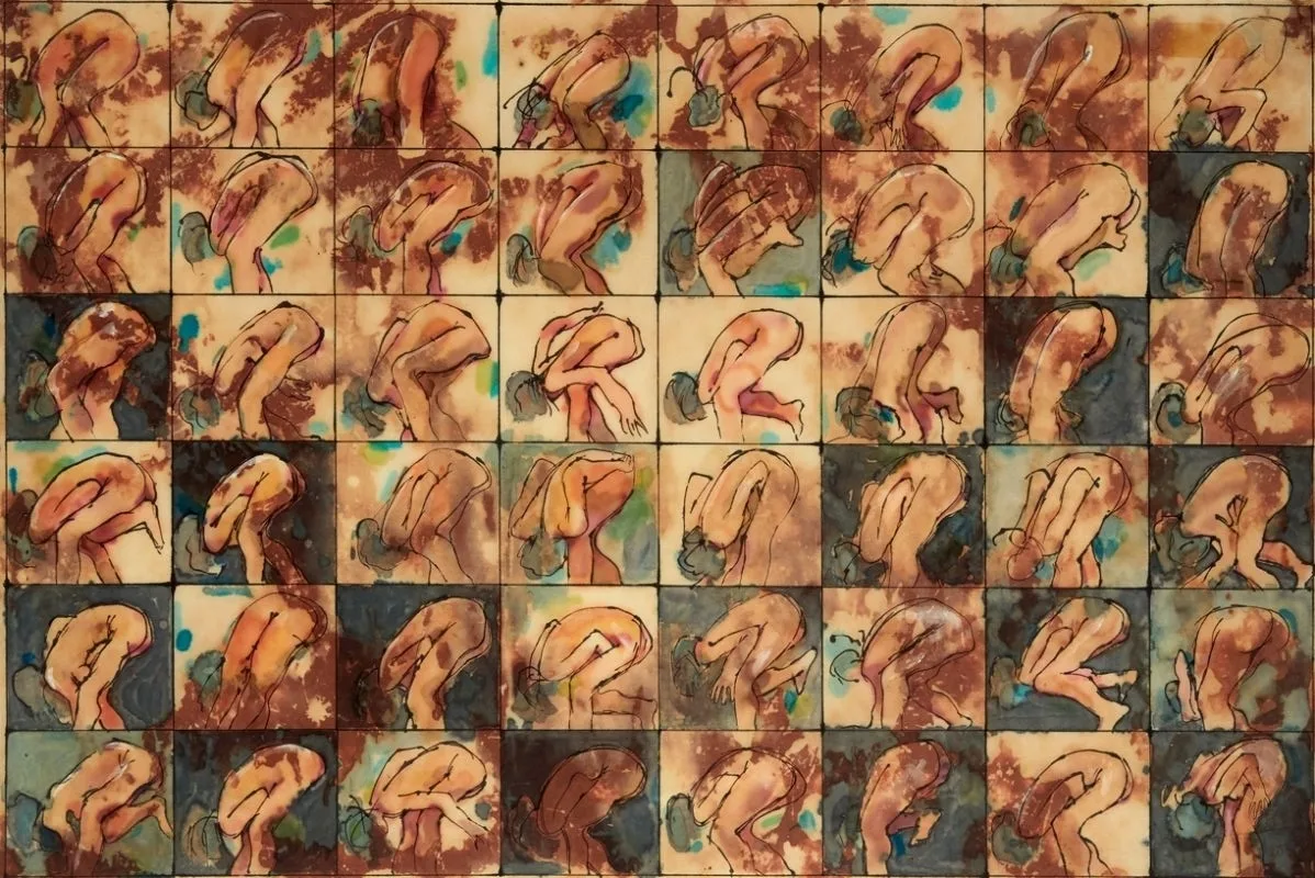 CROUCHING FIGURES by Charles Harper, 1981, watercolour over ink on paper, sold Oct 2020