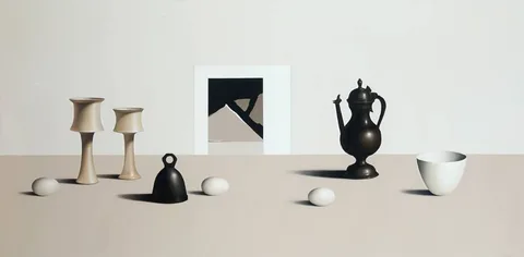 Liam Belton, TWO BACTRIAN VESSELS WITH PEWTER FLAGON, oil on linen