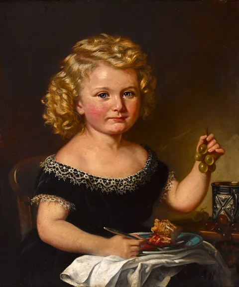 HAPPY AS A KING by Margaret Allen, 1876, oil on board, sold Oct 2020