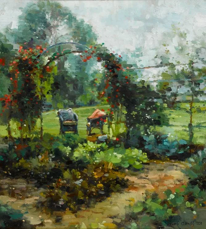 GARDEN'S END I by Mark O'Neill, 1998, oil on board, sold Oct 2020