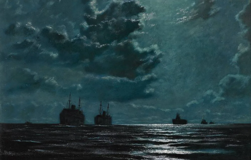 SHIPS IN MOONLIGHT by Ciaran Clear, oil on board, sold Oct 2020