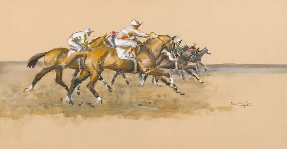 Peter Curling, HORSES RACING, 1970, gouache