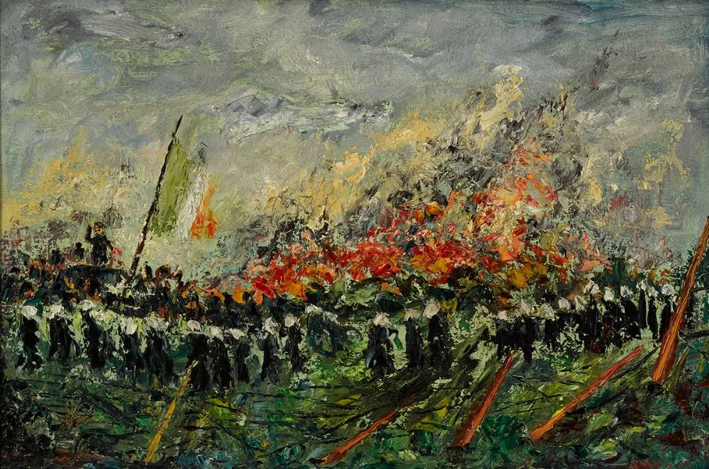 CURRAC CILL DARA [CURRAGH CAMP] 1973 by Pádraig Ó'Mathúna, oil on board, sold Jul 2020