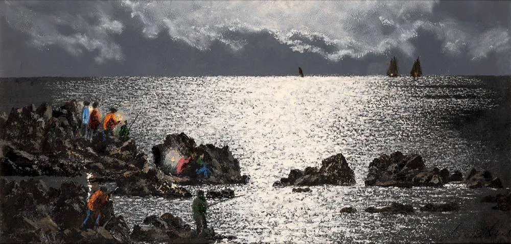 NIGHT FISHING, TENERIFE by Ciaran Clear, oil on board, sold Jul 2020