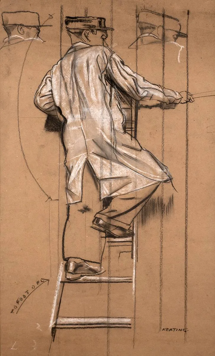 MAN ON LADDER by Seán Keating, charcoal heightened with white, offered Jul 2020