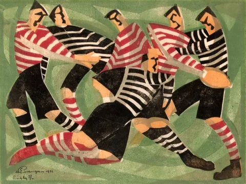 William Greengrass, RUGBY, 1933, linocut in colours on Japanese mulberry tissue; (no. 24 from an edition of 50)