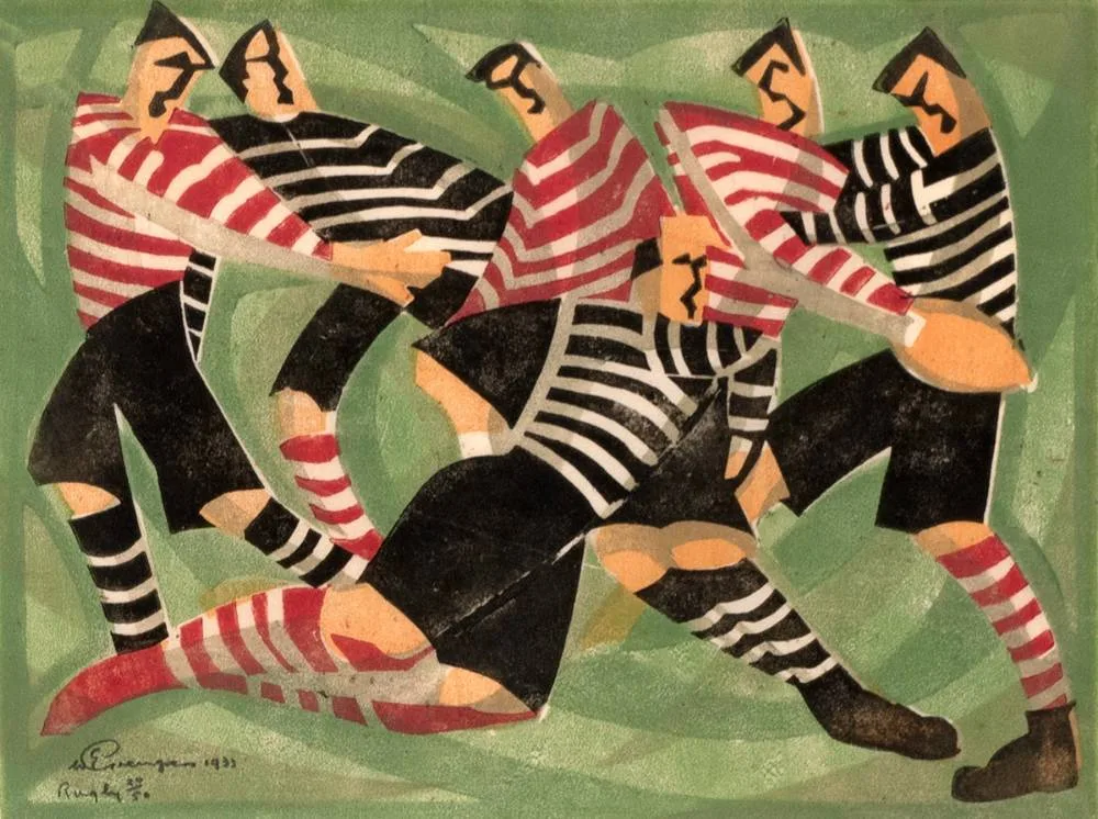 William Greengrass, RUGBY, 1933, linocut in colours on Japanese mulberry tissue; (no. 24 from an edition of 50)