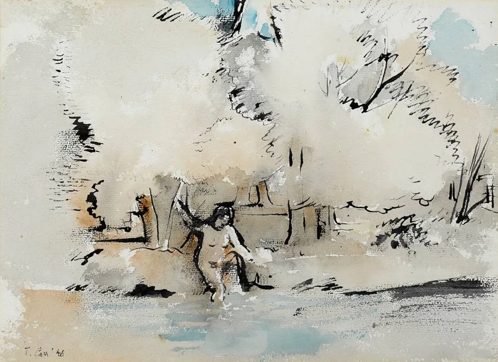 FIGURE BY A LAKE by Tom Carr, 1946, watercolour, sold Jul 2020