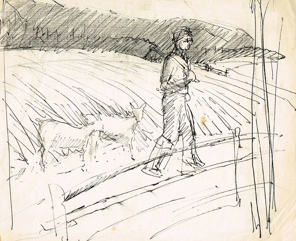 FIGURE WITH SHEEP by Basil Blackshaw, ink; (unframed), sold Jul 2020