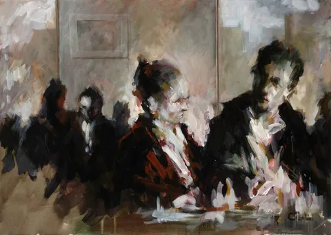 Cian McLoughlin, CAFE SCENE, oil on board