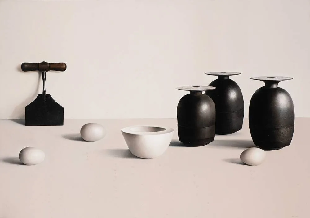 STILL LIFE WITH THREE EGGS by Liam Belton, oil on canvas, sold Jul 2020