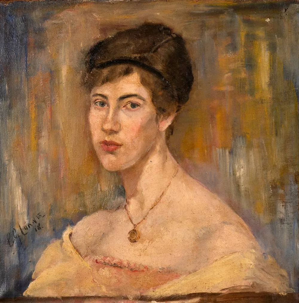 Cecilia Loane, PORTRAIT OF A WOMAN IN A YELLOW SAFFRON DRESS AND WEARING A PENDANT, 1918, oil on canvas