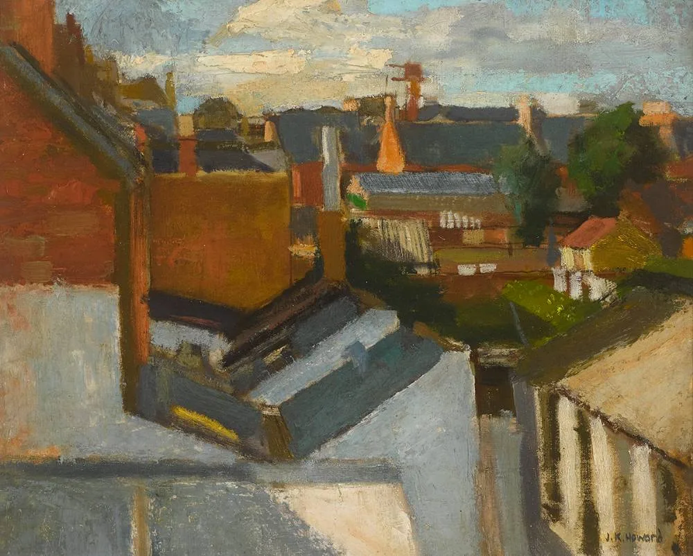 ROOFTOPS by Ken Howard, oil on canvas laid on board, sold Jul 2020
