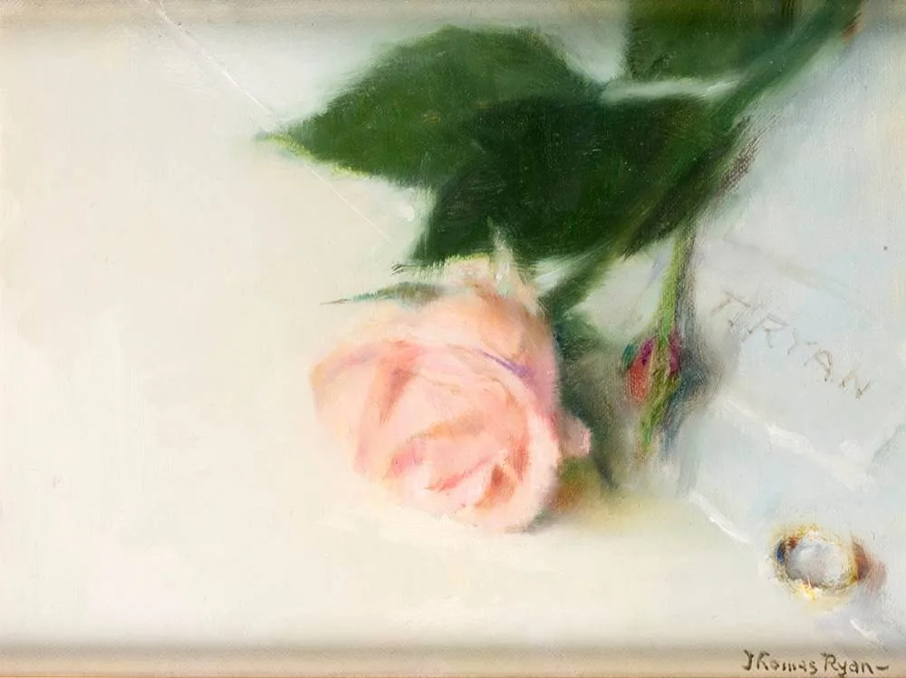 WEDDING RING AND PINK ROSE by Thomas Ryan, 2003, oil on board, sold Jul 2020