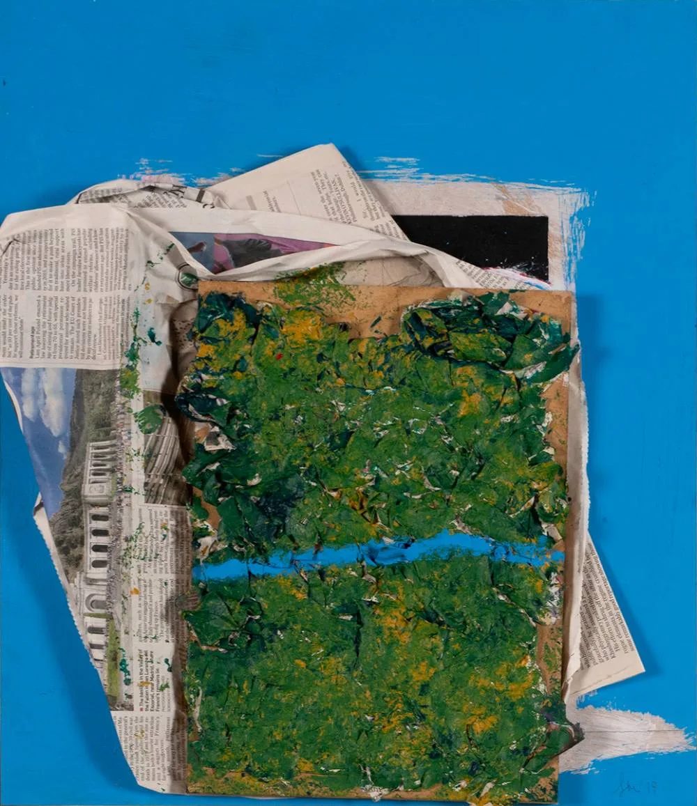 SPRING by Stephen McKee, 2019, oil with collage element on panel, offered Jul 2020