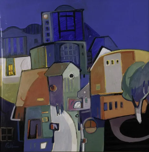 Ali Golkar, NIGHT FALLS ON THE CITY, acrylic on paper