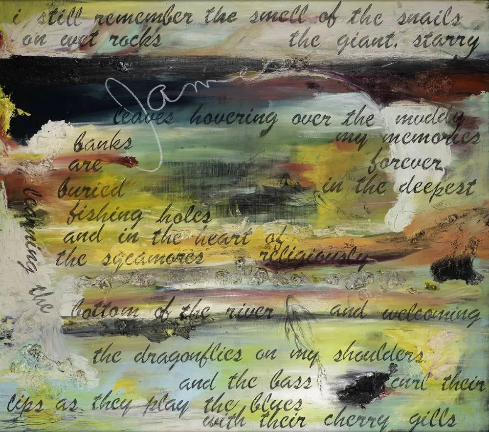 Yera Davis, AND THE BASS PLAY THE BLUES WITH THEIR CHERRY GILLS, 2003, oil, graphite and chalk on panel