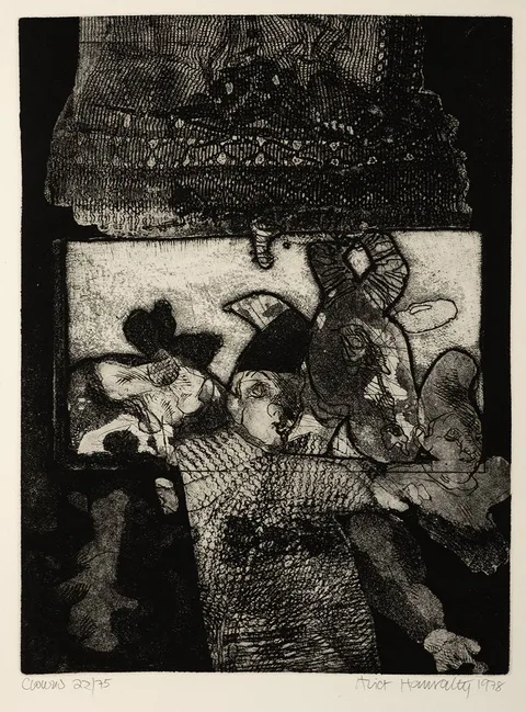 Alice Hanratty, CLOWNS, 1978, etching; (no. 22 from an edition of 75)