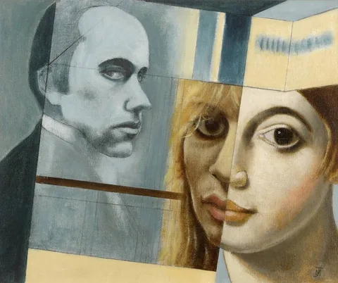 Marian Jeffares, UNTITLED (FACES IN PRISMS), oil on canvas board
