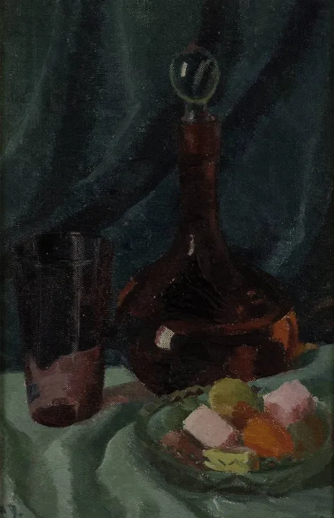 Moyra Barry, RED GLASS DECANTER WITH DISH OF SWEET, c.1941, oil on canvas
