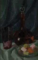 Moyra Barry, RED GLASS DECANTER WITH DISH OF SWEET