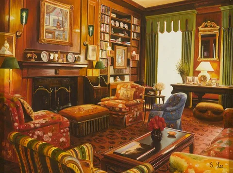 S. Lee, INTERIOR SCENE WITH BLUE CHAIR, oil on board