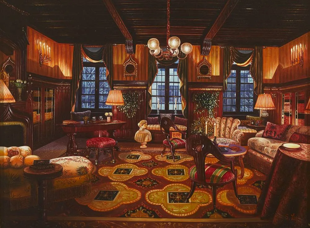 INTERIOR SCENE WITH BUST by S. Lee, oil on board, sold Feb 2020