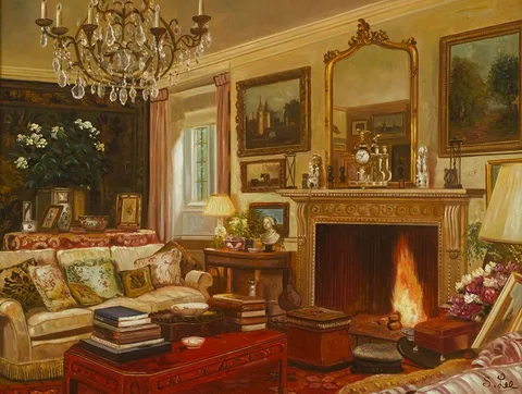 S. Lee, INTERIOR SCENE WITH FIREPLACE, oil on board