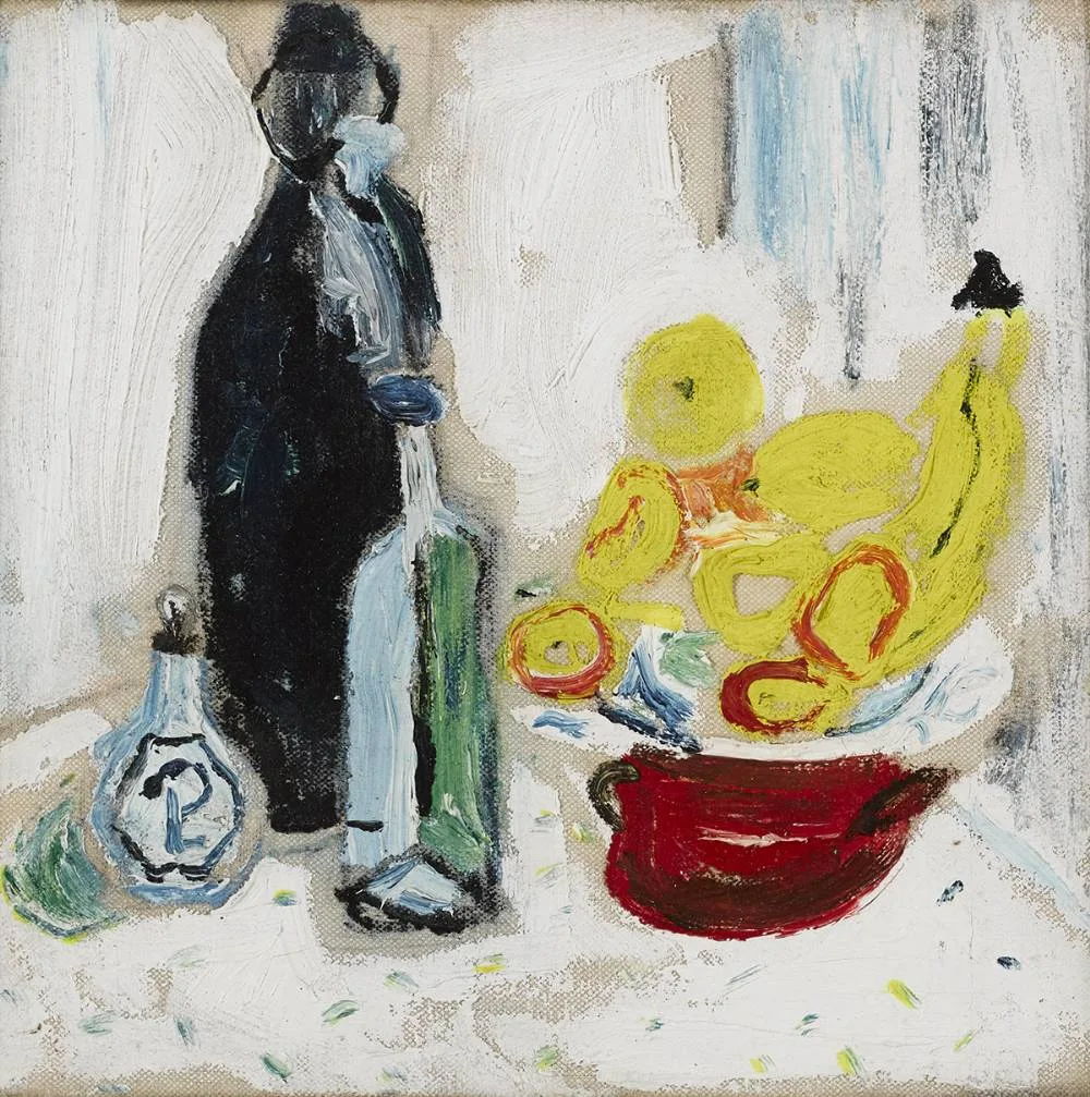 Bill E. Kinnarney, STILL LIFE WITH BOTTLES AND FRUIT, oil on canvas