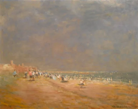 William Mason, BEACH SCENE, oil on board