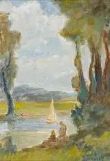 Ronald Ossory Dunlop, LAKE SCENE WITH BOAT AND TWO FIGURES