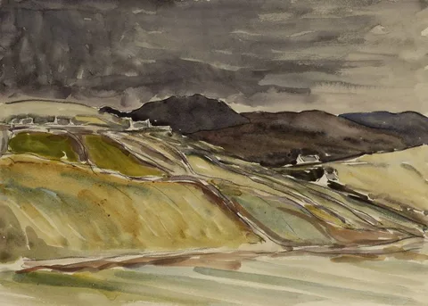 RURAL SCENE WITH COTTAGES by Frank Forty, watercolour and charcoal, sold Feb 2020