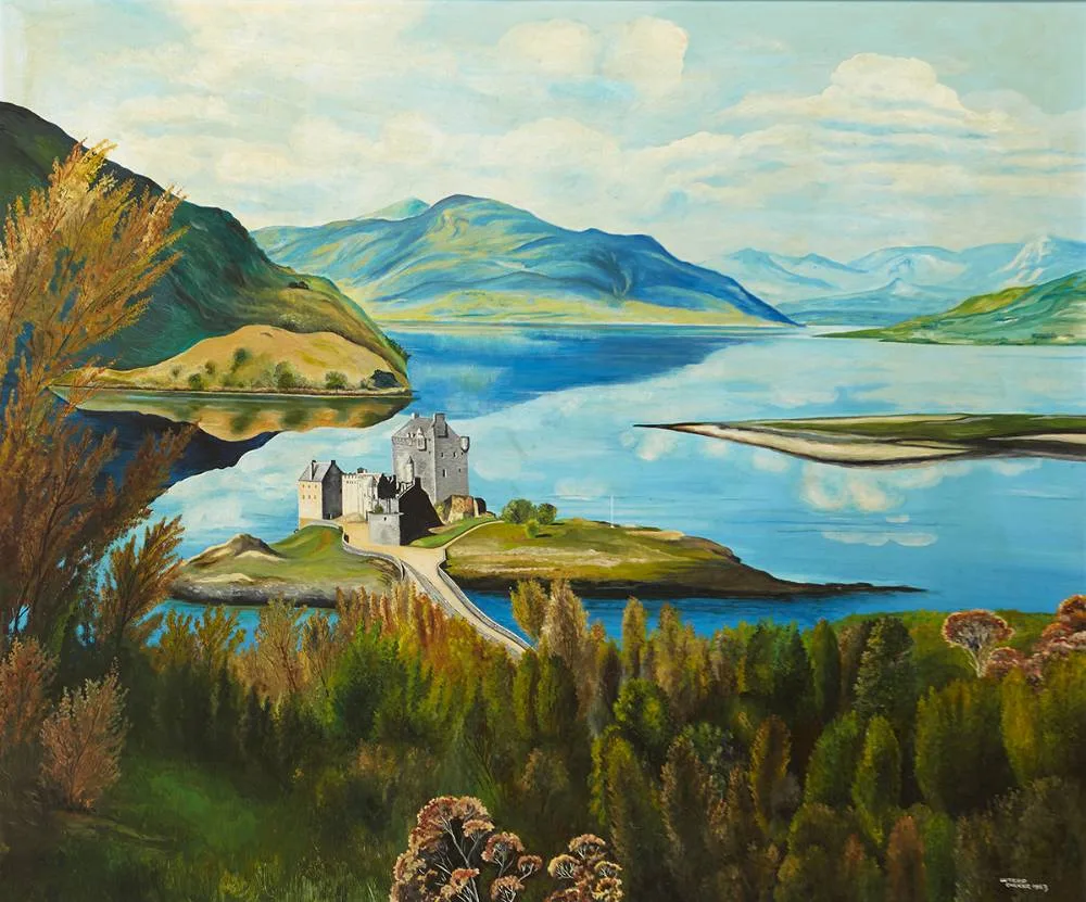 Luterd Corker, CASTLE AND BUILDING ON AN ISLAND IN A MOUNTAINOUS REGION, 1963, oil on board