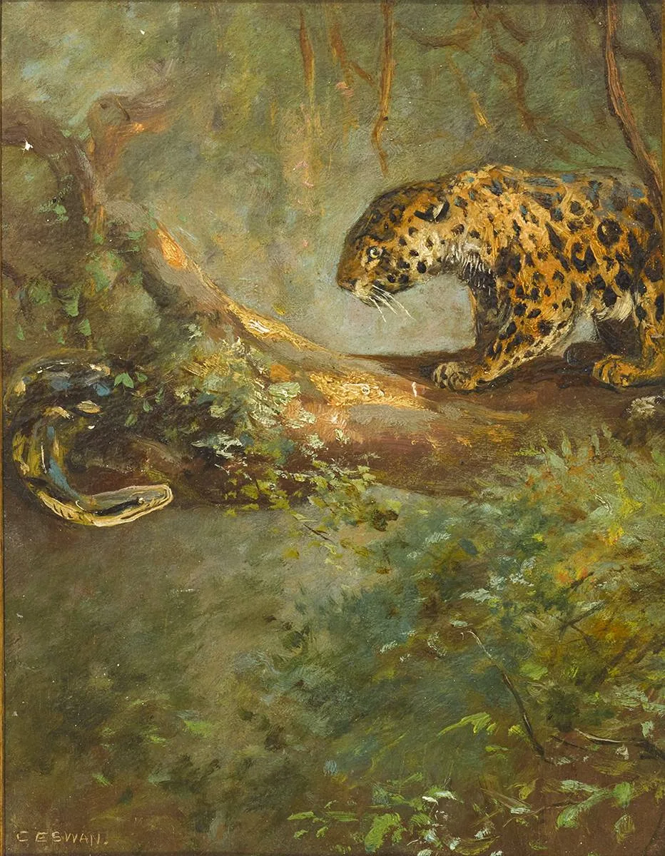 Cuthbert Edmund Swan, LEOPARD AND PYTHON, oil on board