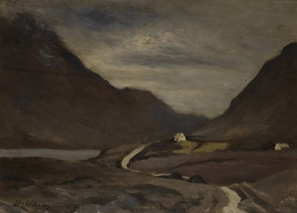 Lily Williams, MOUNTAIN ROAD WITH COTTAGE, oil on board