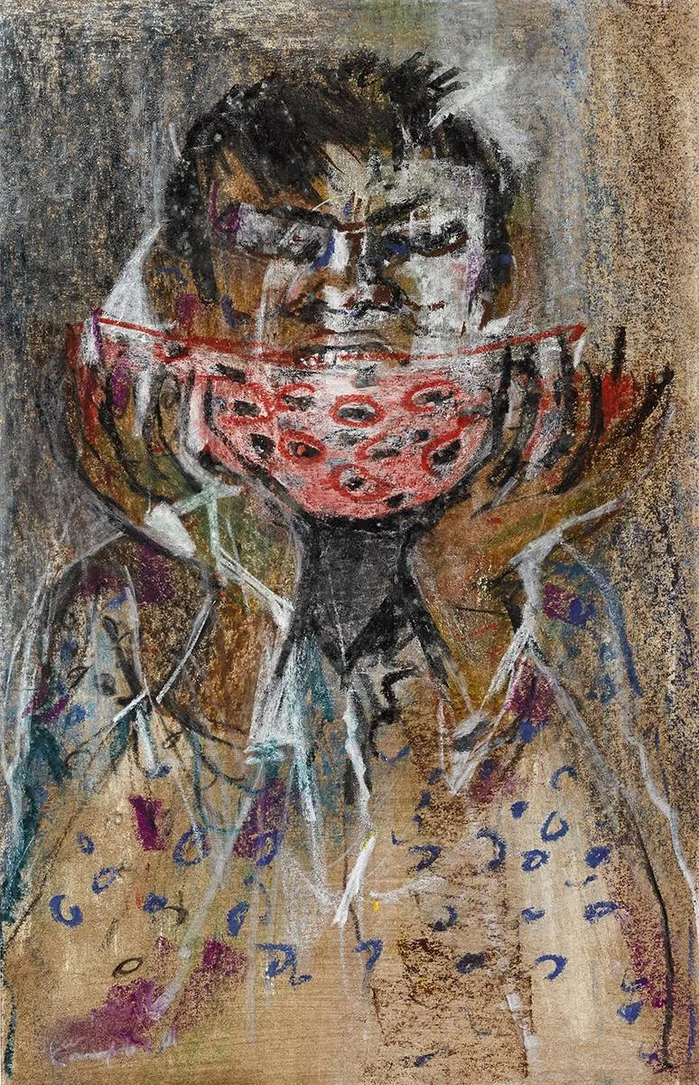 BOY EATING A WATERMELON by George Campbell, oil pastel and mixed media on tinted paper, sold Mar 2020