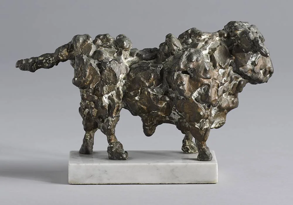 WAITING BULL by John Behan, c.1974, bronze on white marble base; (no. 3 from an edition of 4), sold Mar 2020