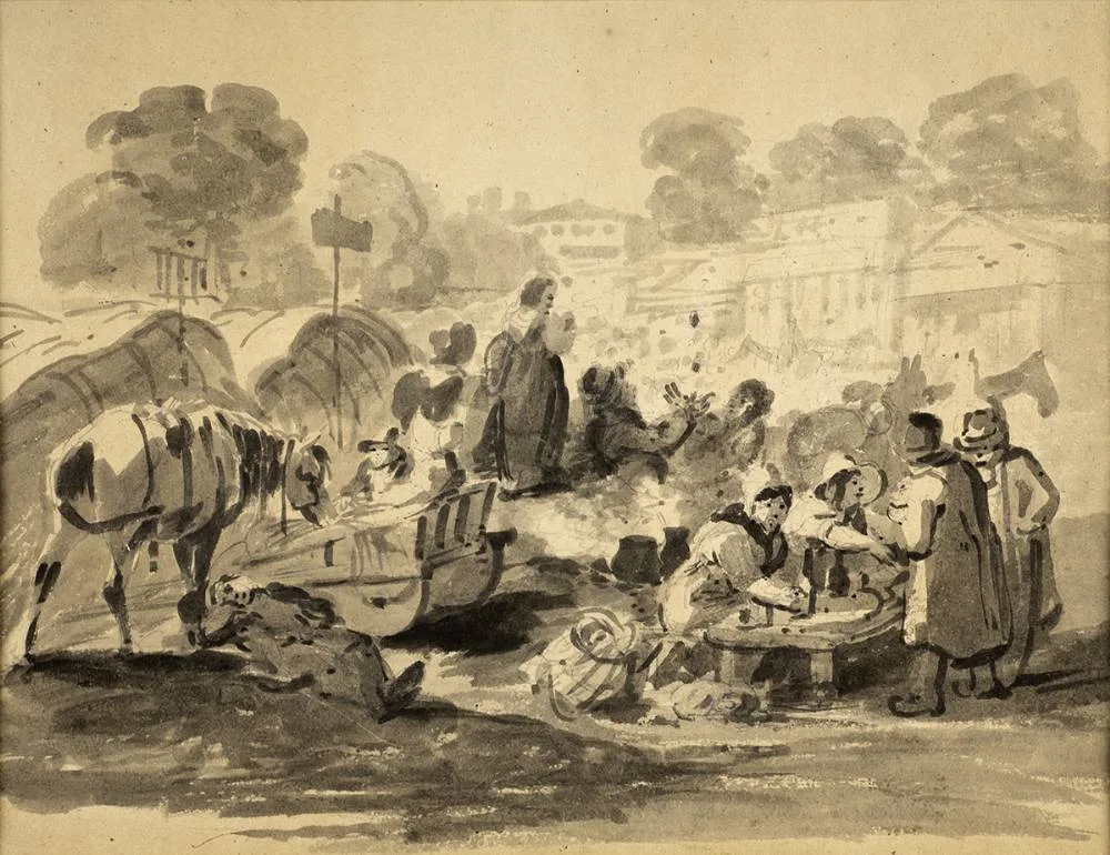 Samuel Frederick Brocas, MARKET SCENE, pencil and wash; (double sided)