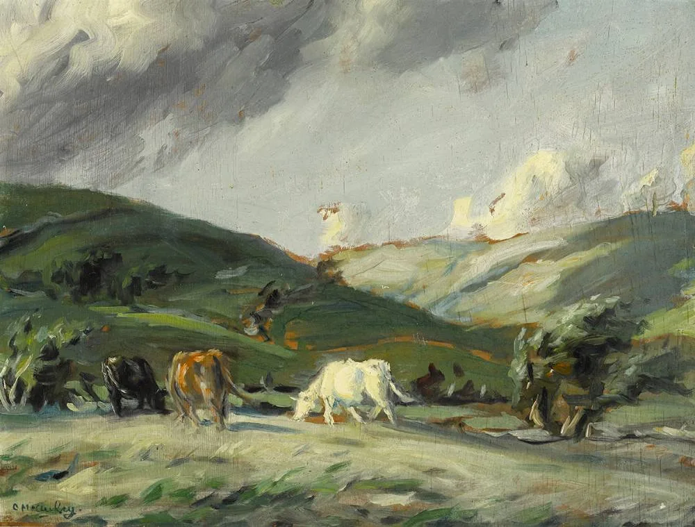 CATTLE IN A LANDSCAPE by Charles McAuley, oil on panel, offered Mar 2020