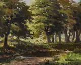 Charles McAuley, RIVER IN WOODLAND WITH CATTLE IN THE DISTANCE
