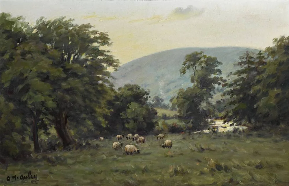 SHEEP GRAZING by Charles McAuley, oil on canvas, sold Mar 2020