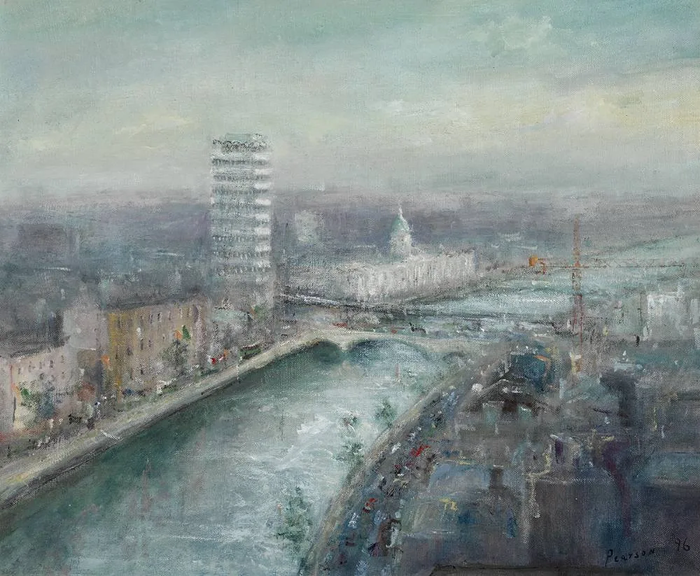 LOOPLINE BRIDGE AND CUSTOMS HOUSE, DUBLIN by Peter Pearson, 1996, oil on board, sold Mar 2020