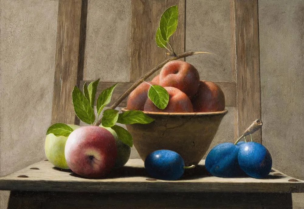 STILL LIFE WITH PEACHES by Stuart Morle, oil on copper, sold Mar 2020