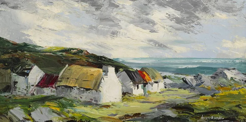 LANDSCAPE WITH COTTAGES by Kenneth Webb, oil on canvas, sold Mar 2020