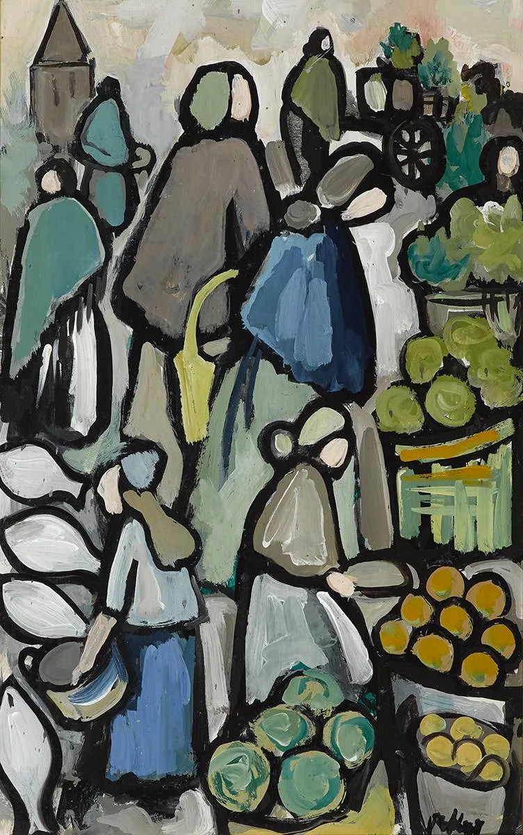 FRUIT MARKET by Markey Robinson, oil on board, sold Mar 2020