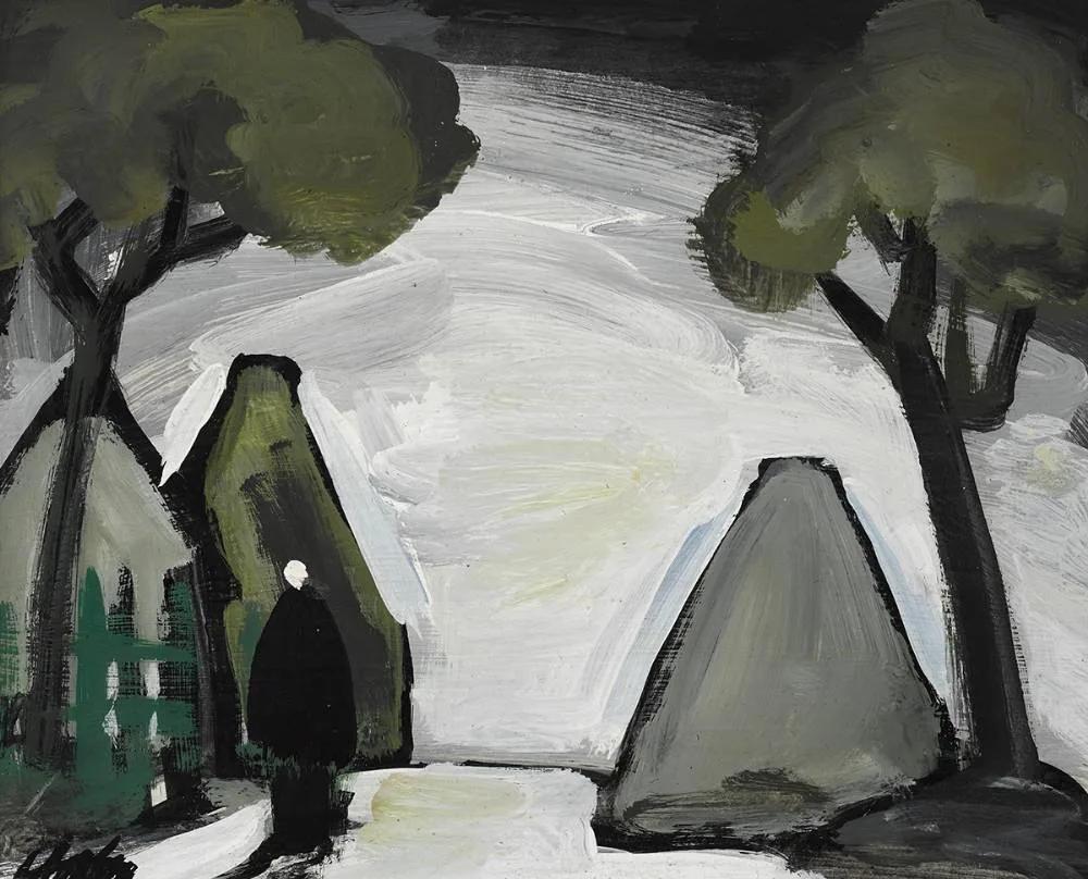 SHAWLIE ON A TREE LINED ROAD by Markey Robinson, gouache, sold Mar 2020
