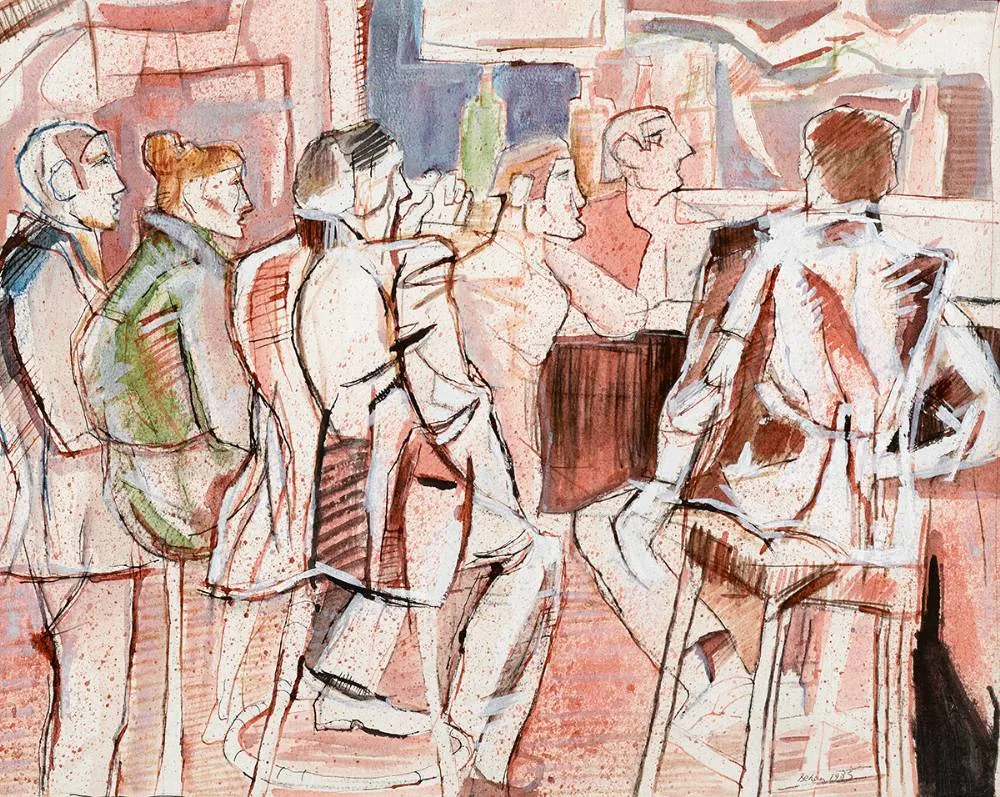 PUB SCENE by John Behan, 1983, watercolour, sold Mar 2020