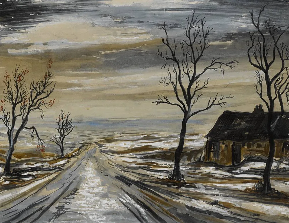 WINTER LANDSCAPE by Markey Robinson, gouache, sold Mar 2020