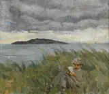 Estella Solomons, SEAMUS READING WITH LAMBAY ISLAND IN THE DISTANCE, COUNTY DUBLIN