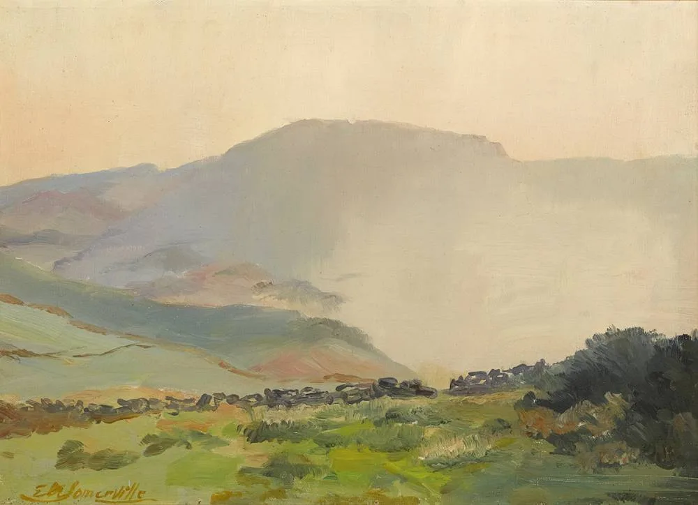 SUNSET, MIST AND MOUNTAINS by Edith Anna Somerville, c. 1927, oil on canvas, sold Dec 2019